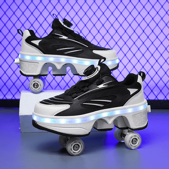 black Kick Speed LED shoes with wheels blue while skating on blue grid background surface