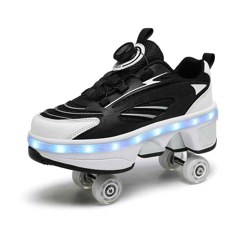 side view of black LED shoes with pop out wheels highlighting wheel base and bright LED lighting strip