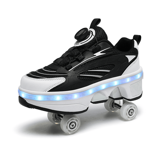 side view of black LED shoes with pop out wheels highlighting wheel base and bright LED lighting strip