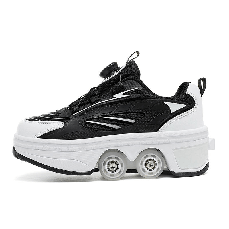 black LED roller skate shoes with retractable wheels twist lock closure shown in side view with hidden wheels retracted