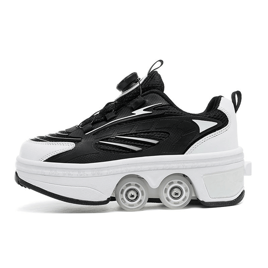 black LED roller skate shoes with retractable wheels twist lock closure shown in side view with hidden wheels retracted