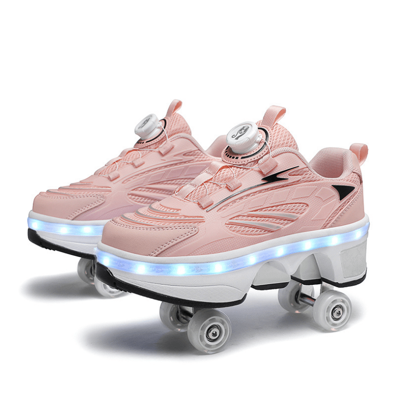 pair of pink Kick Speed LED roller skate shoes for women with retractable wheels and glowing sole on white background
