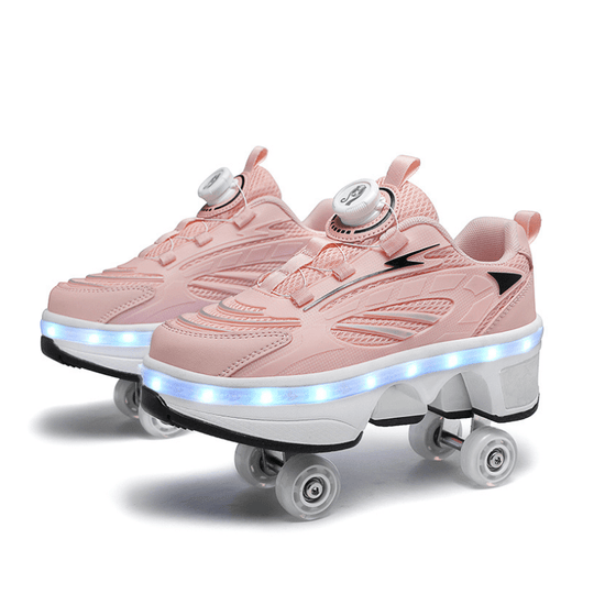 pair of pink Kick Speed LED roller skate shoes for women with retractable wheels and glowing sole on white background
