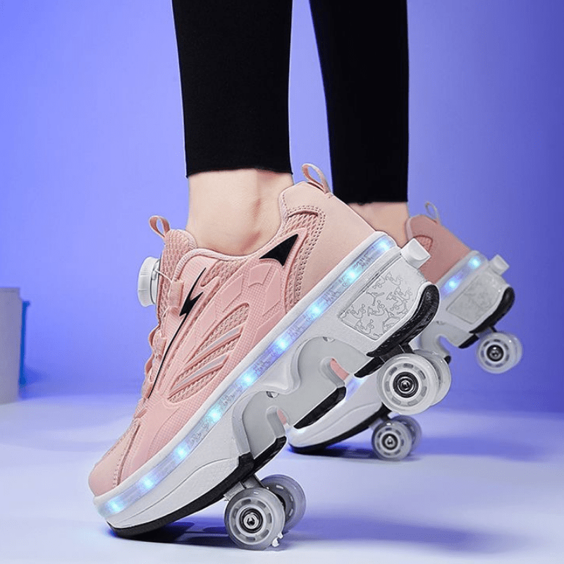 light pink LED roller skate shoes for kids featuring twist lock lacing and illuminated midsole
