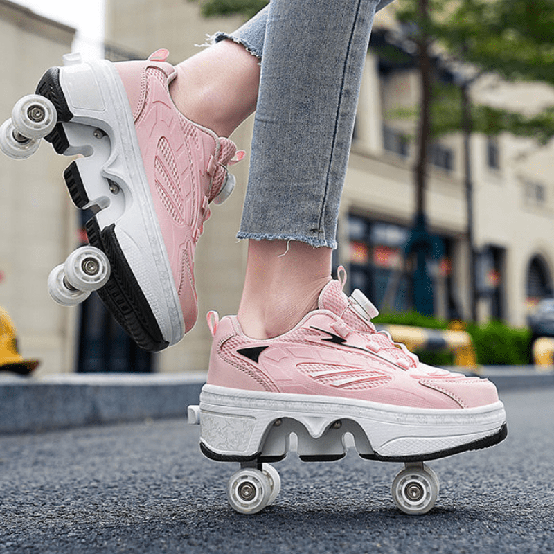 pink LED roller skate shoes for kids shown outdoors with retractable wheels extended