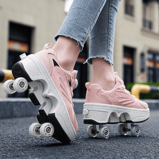 pink LED roller skate shoes with pop out wheels and twist lock lacing used for city skating