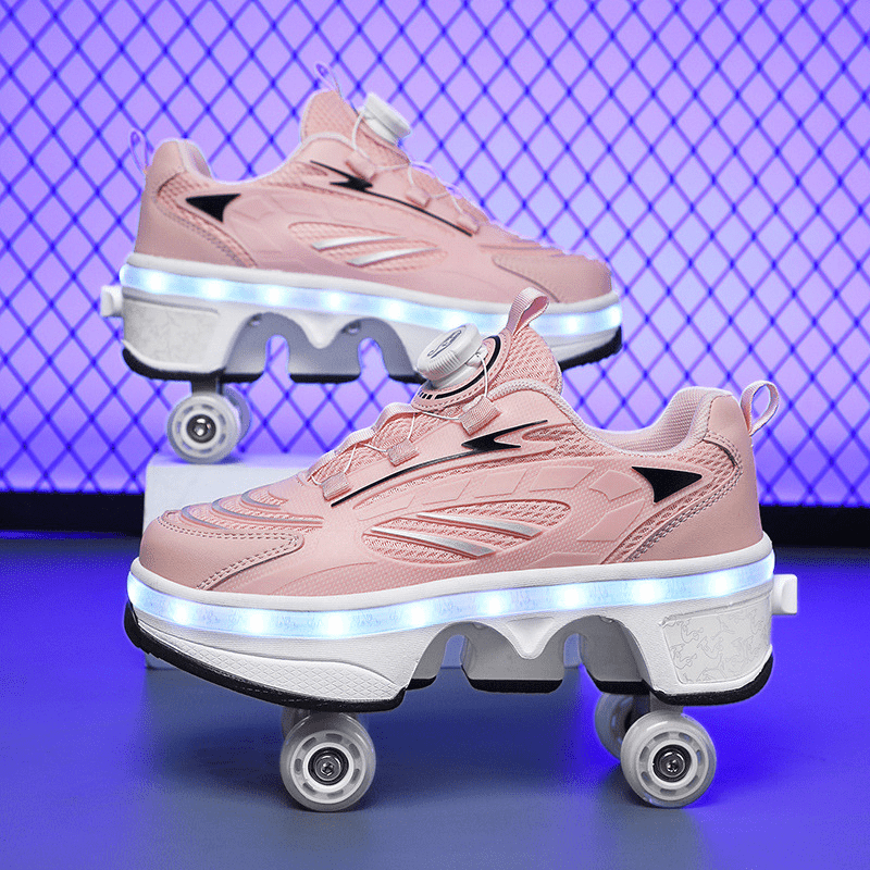 side view of pink twist lock LED shoes with glowing sole near blue light grid backdrop