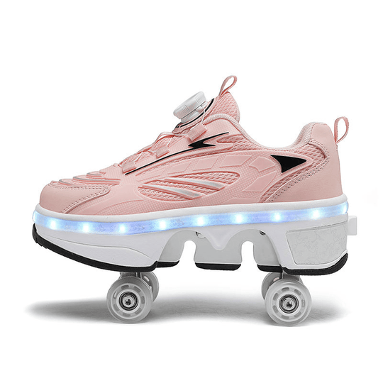 side view of pink LED roller shoes for girls with twist lock system captured in profile showing two pop-up wheels