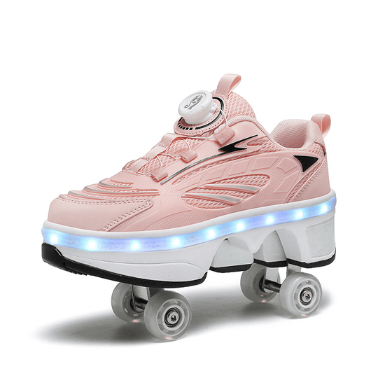 light pink LED shoes with wheels shown side-by-side featuring illuminated sole and low-top profile