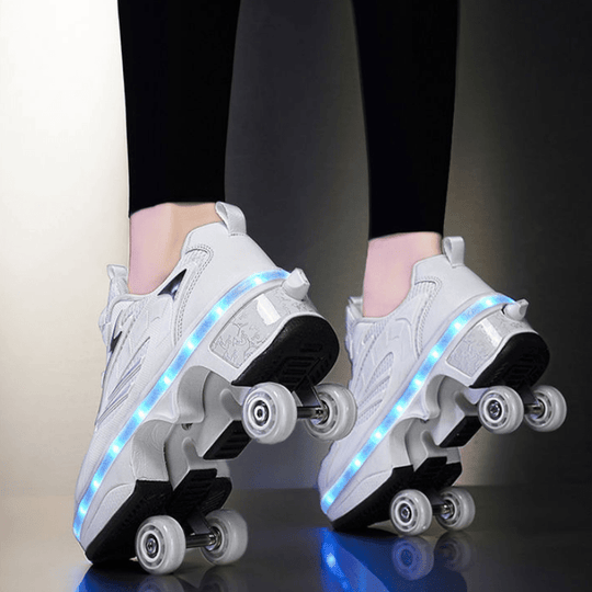 back view of white LED roller skate shoes with retractable pop-up wheels glowing in blue tone