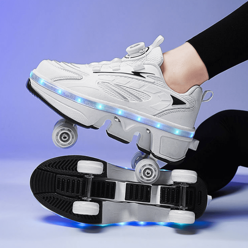 side angle of white twist lock LED roller skate shoes with visible wheel mechanism and LED strip