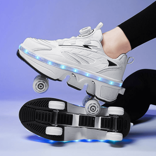 side angle of white twist lock LED roller skate shoes with visible wheel mechanism and LED strip