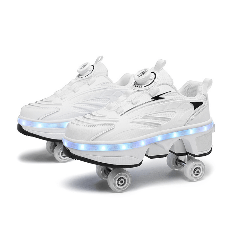 side angle of light white LED roller skate shoes with retractable wheels and visible LED edge strip