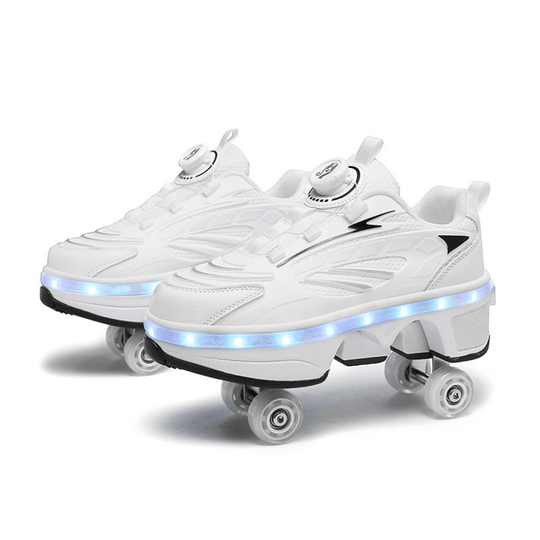 side angle of light white LED roller skate shoes with retractable wheels and visible LED edge strip