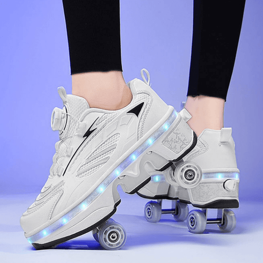 side view of white LED roller shoes with twist lock system and glowing sole worn indoors