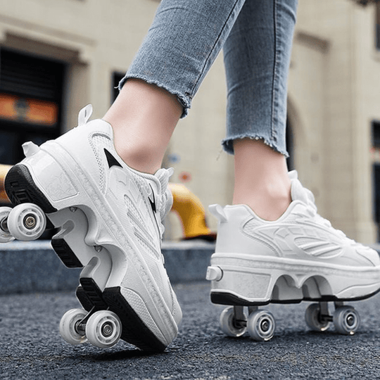 Kick Speed white roller shoes for adults with pop-up wheels and LED lights in motion on outdoor surface