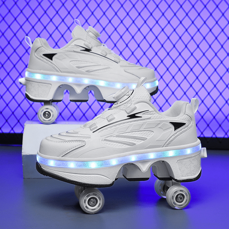 studio shot of white LED shoes with wheels on blue grid background, transformation shoes with retractable wheels  