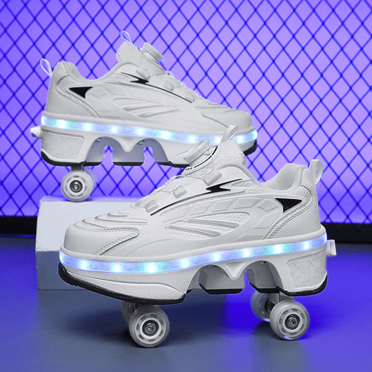 studio shot of white LED shoes with wheels on blue grid background, transformation shoes with retractable wheels  