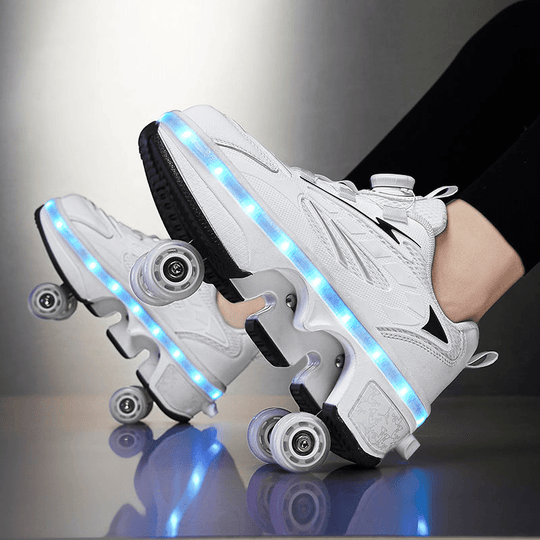 close-up of white LED roller skate shoes with twist lock closure and light-up sole in motion indoors