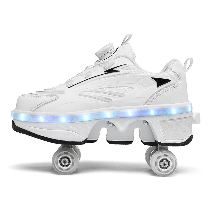 side view of white Kick Speed twist lock LED roller shoes showing pop-up wheel mechanism and soft heel padding
