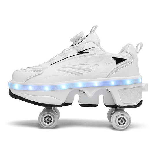 side view of white Kick Speed twist lock LED roller shoes showing pop-up wheel mechanism and soft heel padding