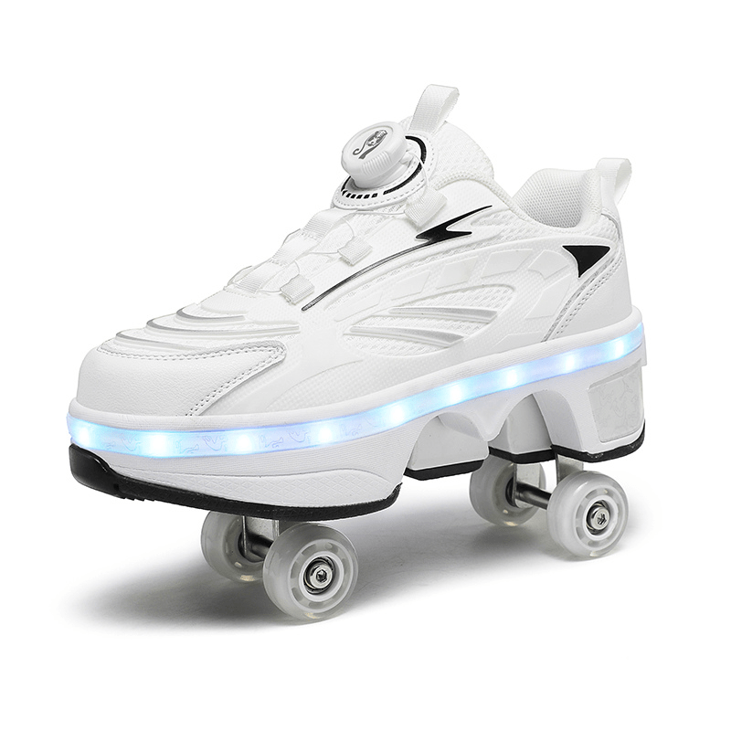 white Kick Speed LED roller shoes with twist lock system captured in profile showing two pop-up wheels