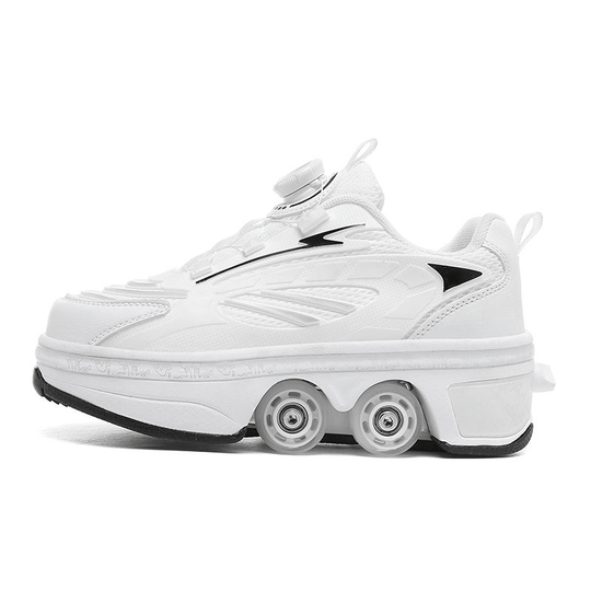 side profile of white LED roller skate shoes with glowing sole and retractable wheels visible underneath