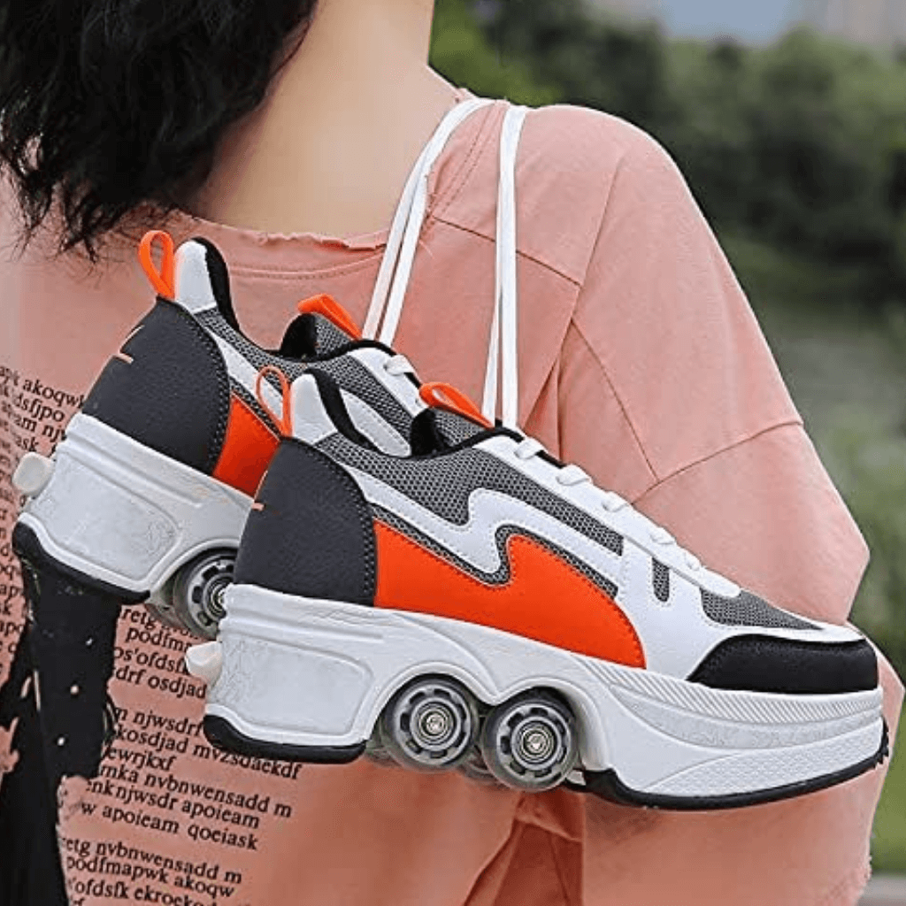 Orange Speed Volt LOW shoes with wheels carried by girl, roller sneakers for women and teens