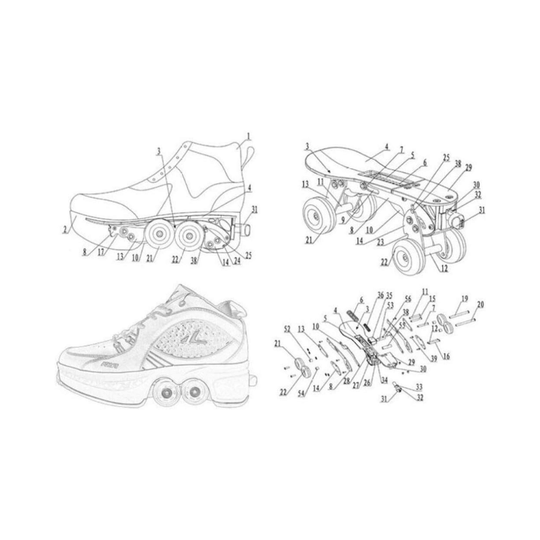 Technical drawings of Kick Speed MID roller skate shoes with wheels, engineering design of retractable roller shoes for adults and kids