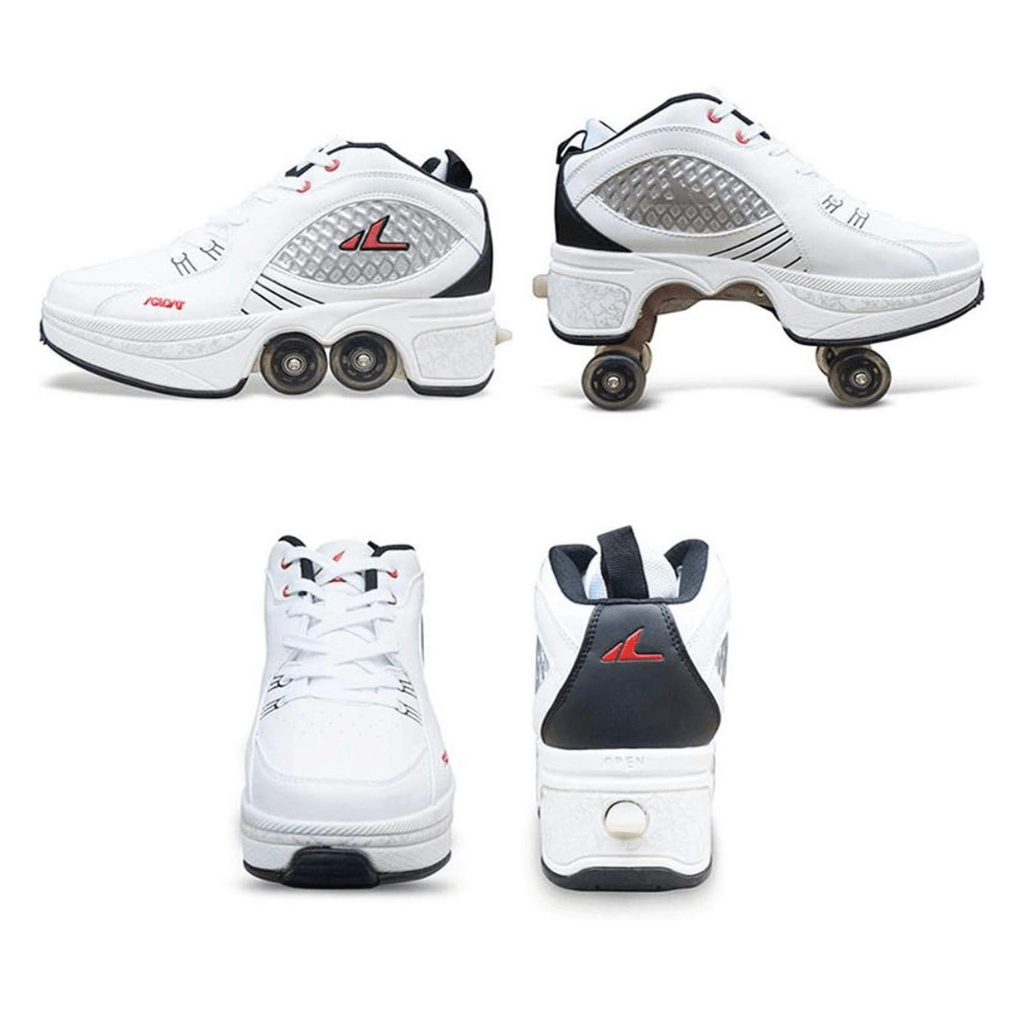 Front, back, and side views of white Kick Speed roller skate shoes with wheels, versatile roller shoes for adults and kids