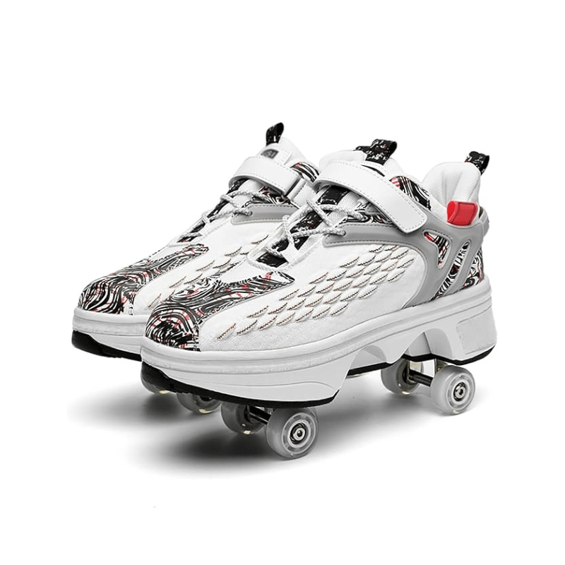 White low-top roller skate shoes with wheels for birthday gift idea