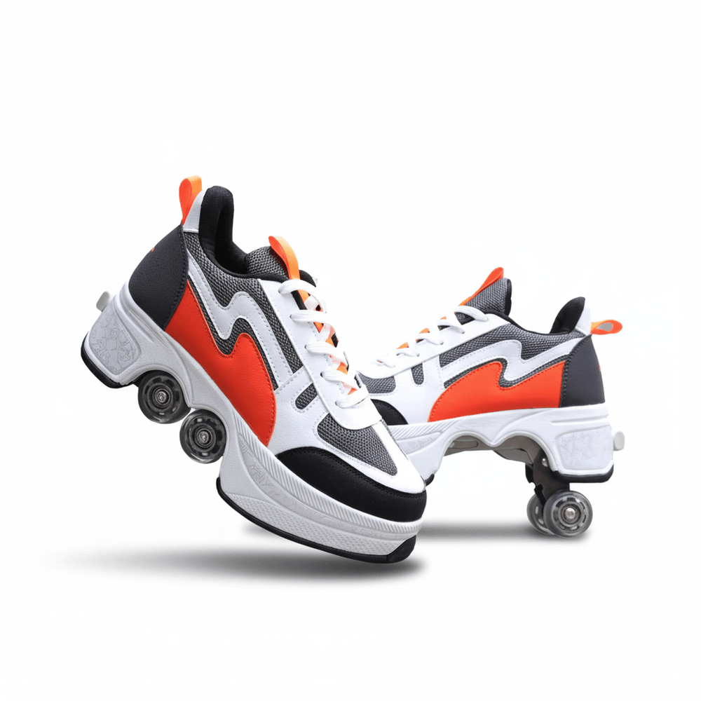 Orange Kick Speed Volt LOW shoes with wheels, angled pair on white