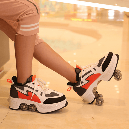 Teen skating indoors in orange roller skate shoes with wheels, roller sneakers for boys, girls, and adults