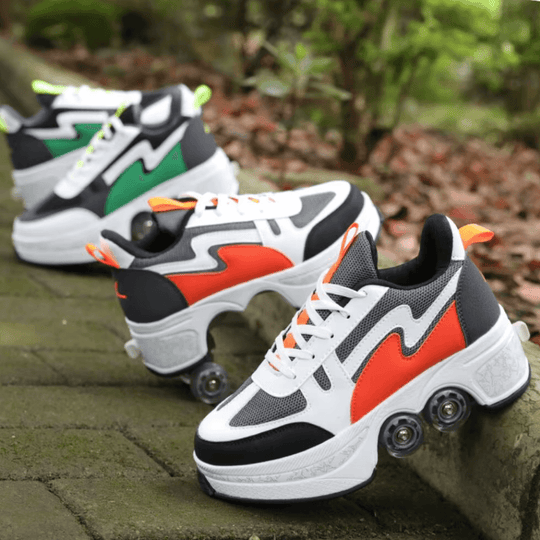 Green and orange shoes with wheels