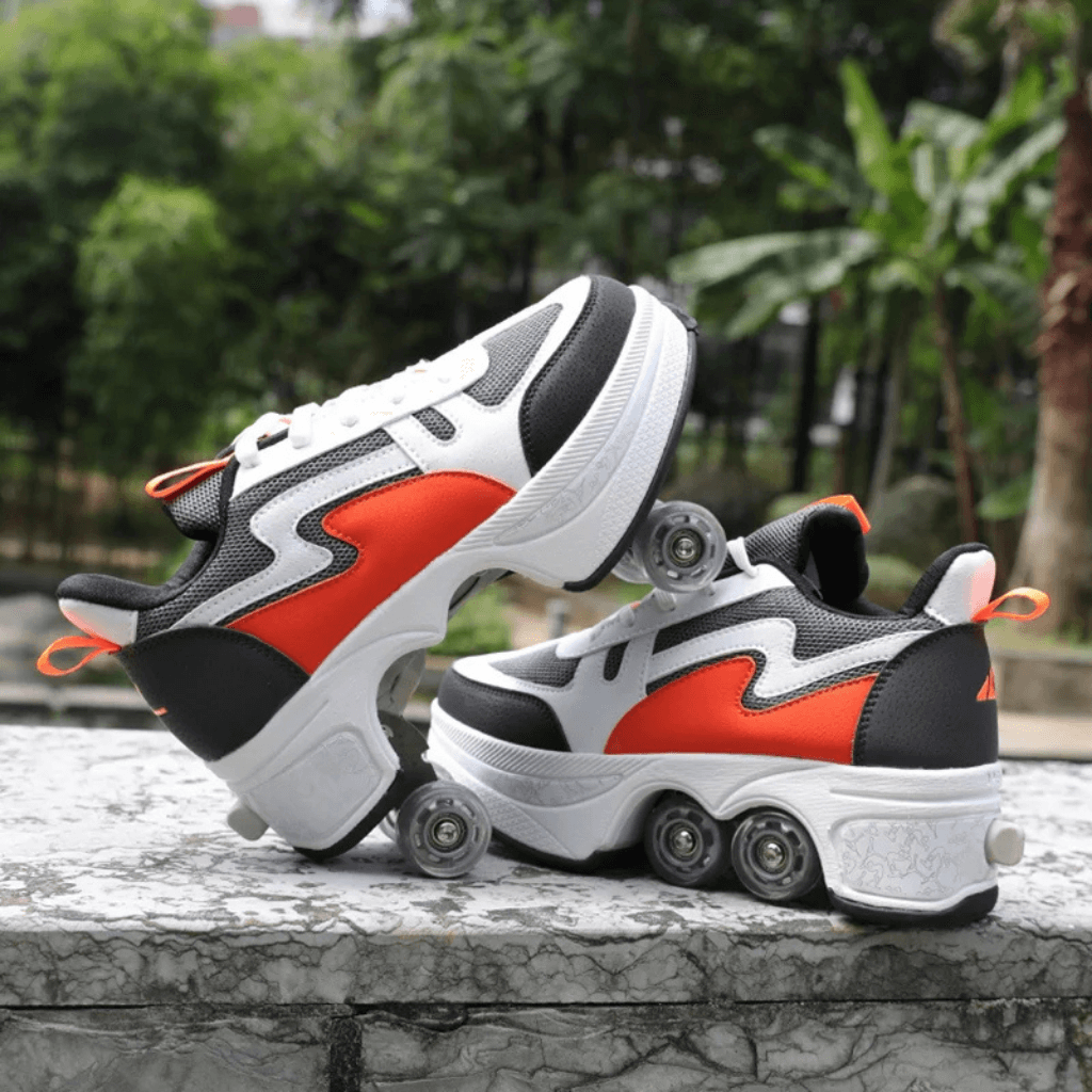 Orange roller skate shoes with wheels, heels shown