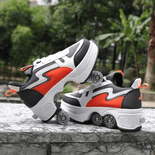 Orange roller skate shoes with wheels, heels shown