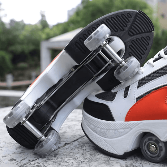 Underside showing retractable wheel mechanism on sneakers with wheels