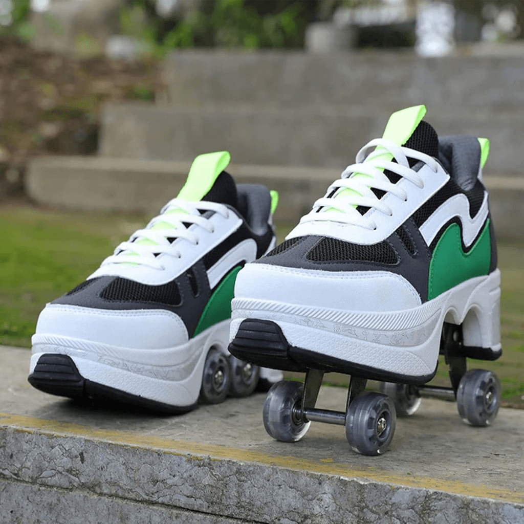 Green roller shoes on park steps, casual lifestyle scene