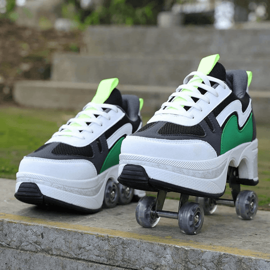 Green roller shoes on park steps, casual lifestyle scene