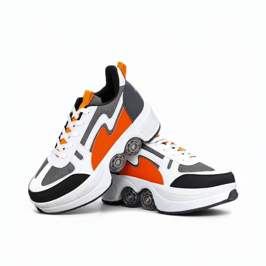 White-orange roller sneakers, side profile of shoes with wheels