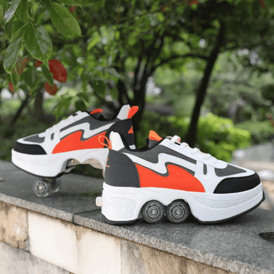 Orange-black roller skate shoes with wheels outdoors, roller sneakers for men and women