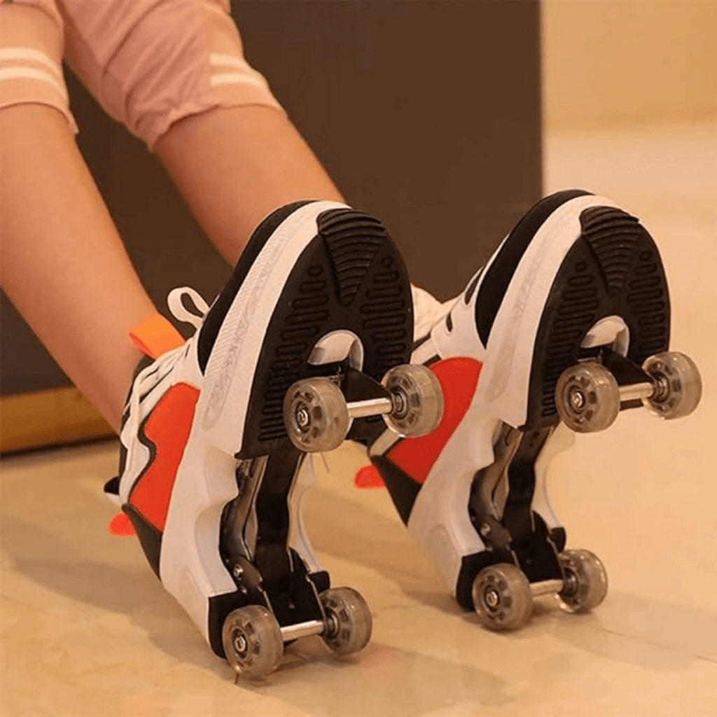 Orange shoes with wheels, on-foot side view outdoors