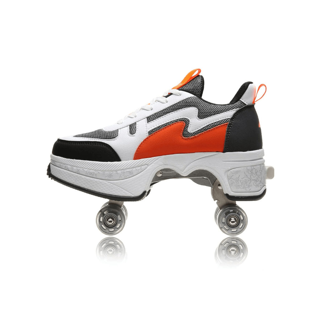 Single orange Speed Volt LOW roller sneakers with wheels isolated on white,  stylish roller shoes for men and women