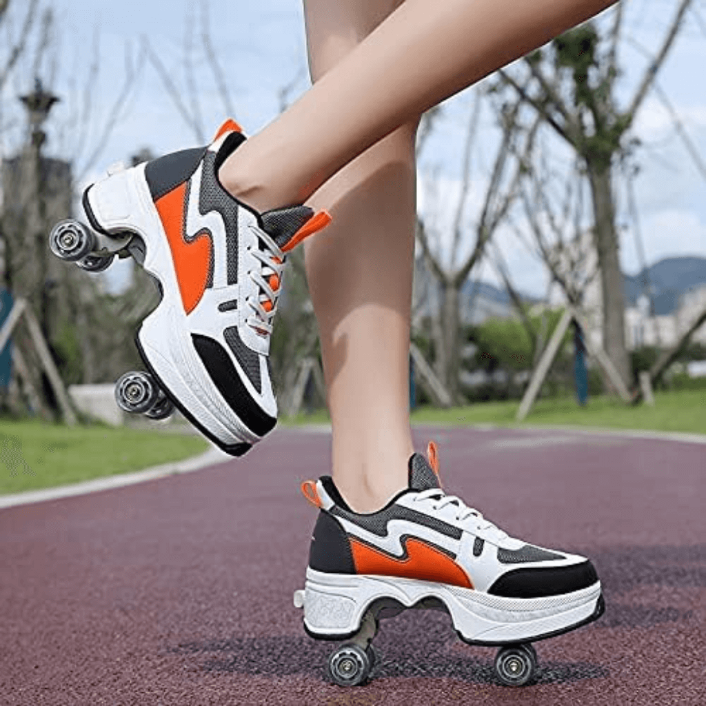 Orange-white roller skate shoes with wheels, on-foot side view, sneakers with wheels for men and women