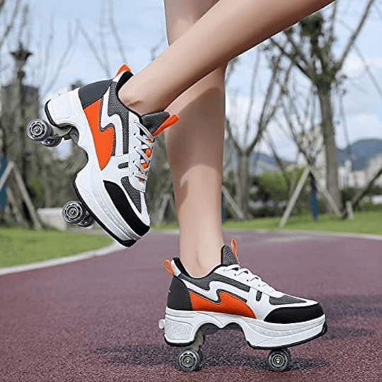 Orange-white roller skate shoes with wheels, on-foot side view, sneakers with wheels for men and women