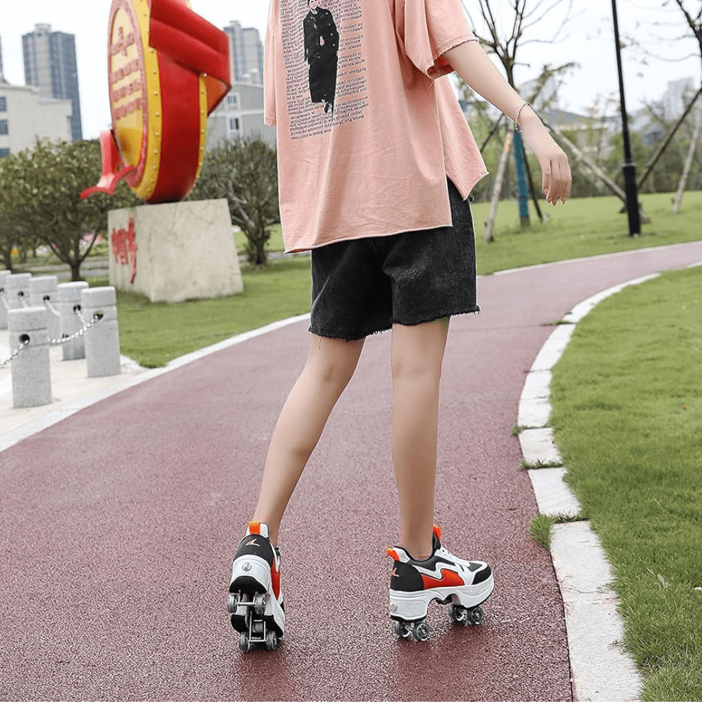 Teen skating in orange roller shoes with wheels, lifestyle outdoor photo, sneakers with wheels for kids and women