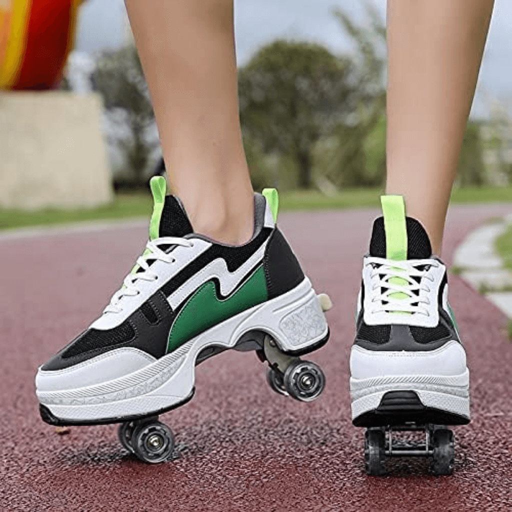 Green Speed Volt LOW roller skate shoes with wheels in motion, unisex roller sneakers for teens and adults