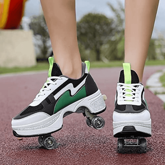 Green Speed Volt LOW roller skate shoes with wheels in motion, unisex roller sneakers for teens and adults