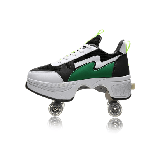 Single green Speed Volt LOW roller shoes with wheels isolated on white, sneakers with wheels for adults and kids
