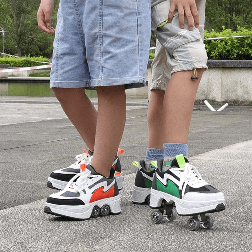 Green and orange kick speed Volt LOW roller sneakers styled with street outfit